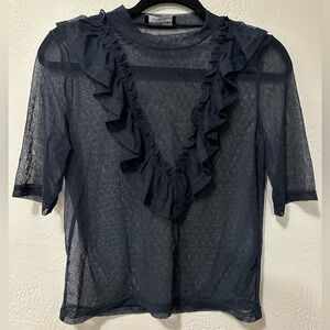 The Fifth Label Midnight Blue Sheer Mesh Ruffle Short Sleeve Blouse Shirt Top